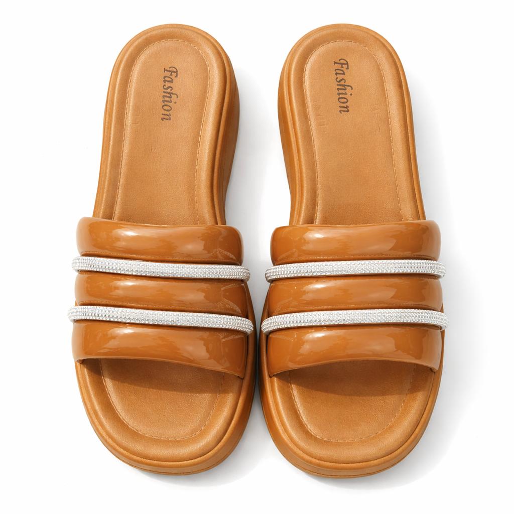 Women’s Cushioned Slides with Crystal Straps| Zee-256
